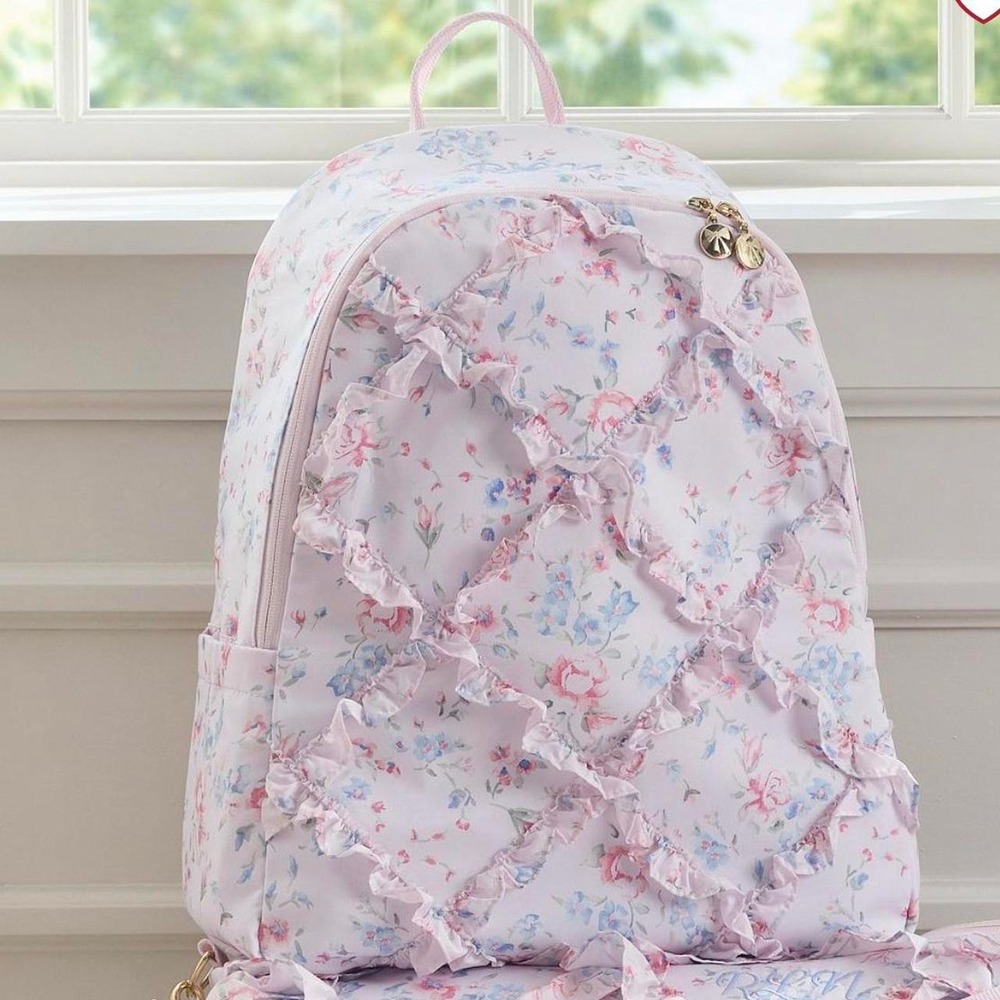 LoveShackFancy pb pastel Pink floral backpack with ruffles and blue/pink flowErs